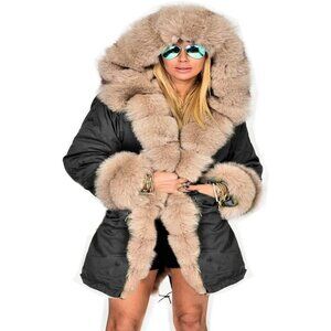 ✨ Roiii Long Jacket Women Black Thicken Warm Winter Hood Down Parka Fleece Coat